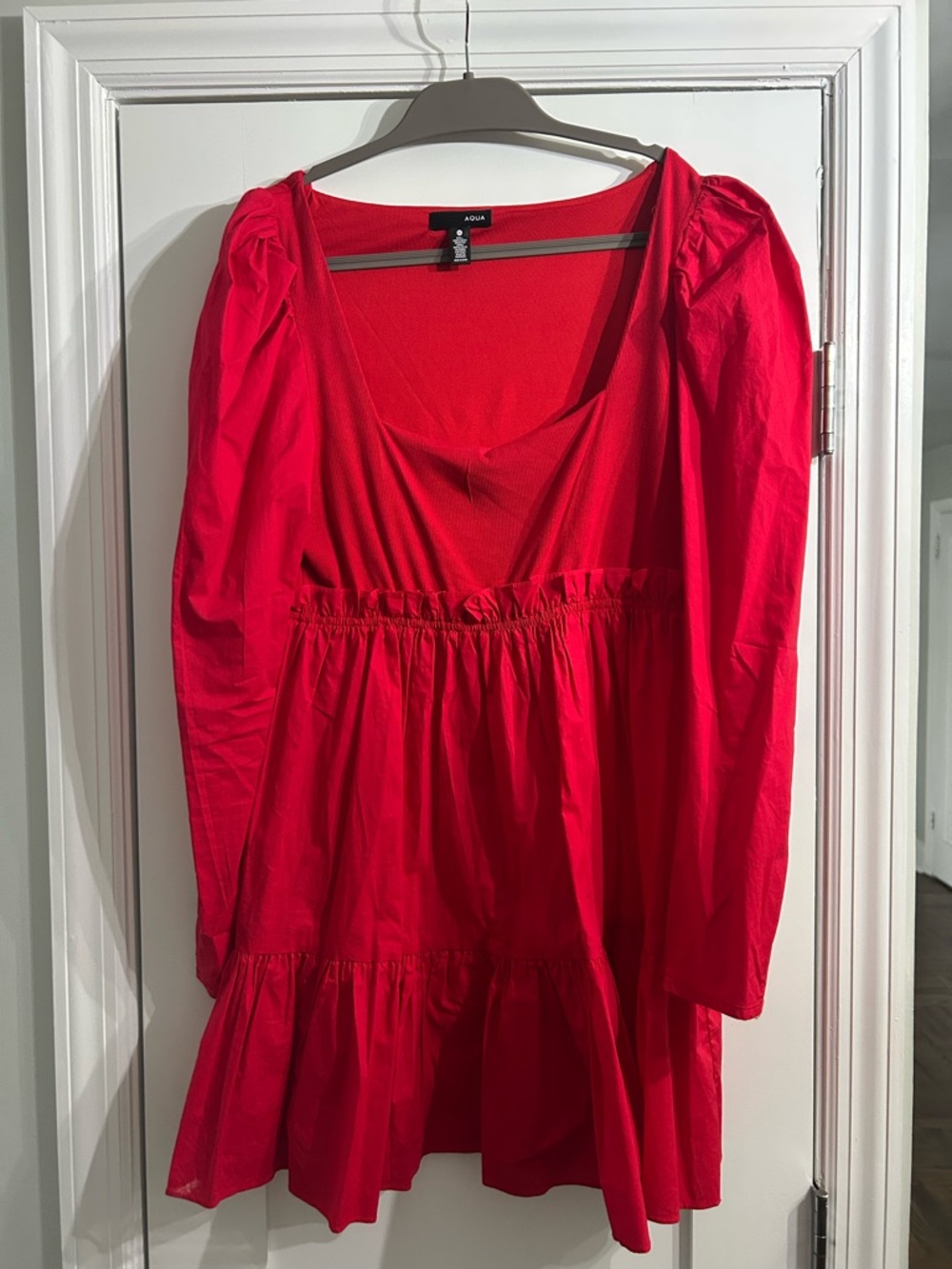 Aqua Red Long-Sleeve Puff-Sleeve Babydoll Dress